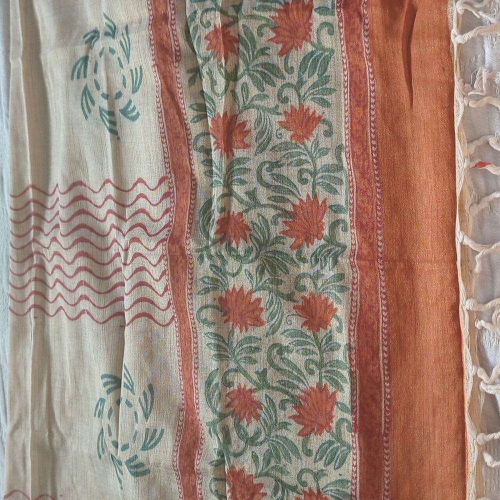 Woven Orange Green And Cream Colored Lighweight  Scarf